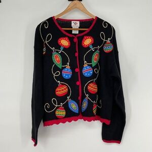 Vintage Nutcracker Black‎ Red Christmas Sweater Cardigan Beaded Ornaments Large